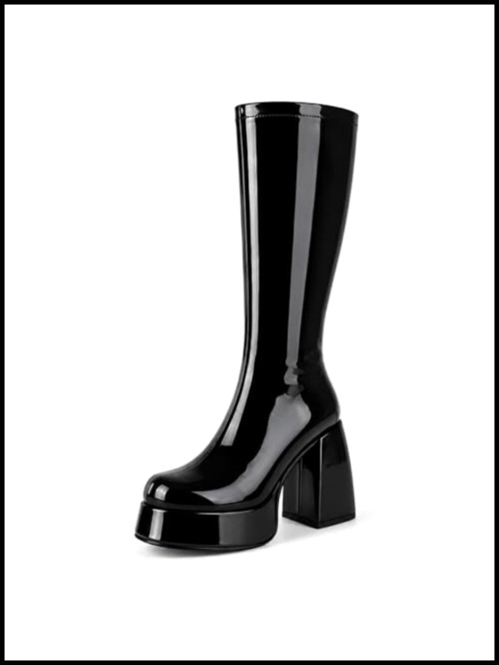Faux Leather Gogo Boots Knee High Platform Square Toe Block Heel